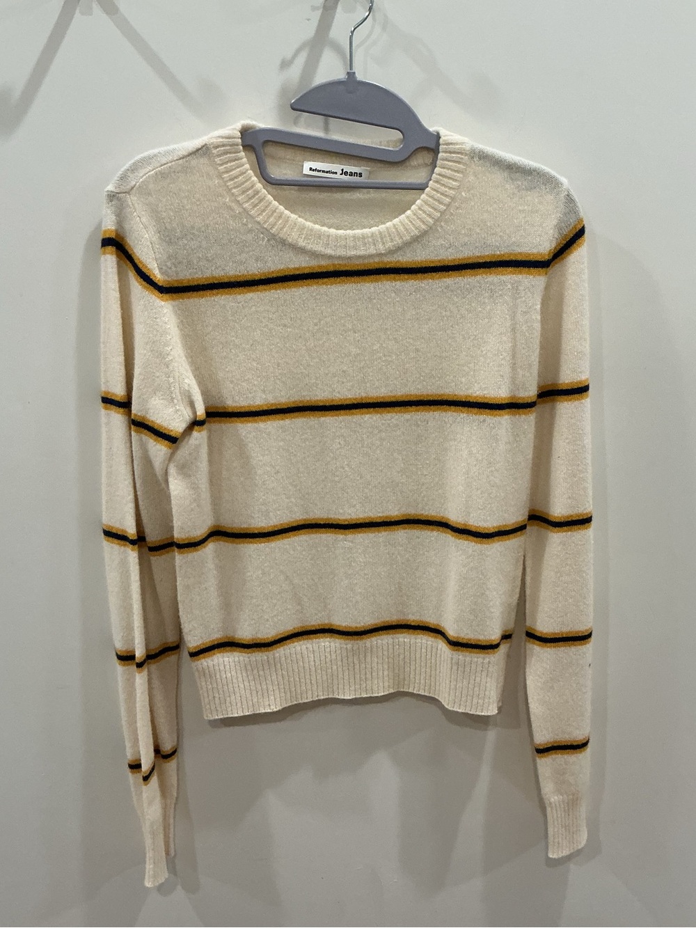 Reformation Cream Stripe Crewneck Sweater with Mustard & Black Lines
